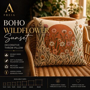 Boho Wildflower Sunset Pillow | Decorative Square Throw Pillow image 1