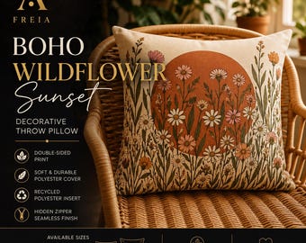 Boho Wildflower Sunset Pillow | Decorative Square Throw Pillow