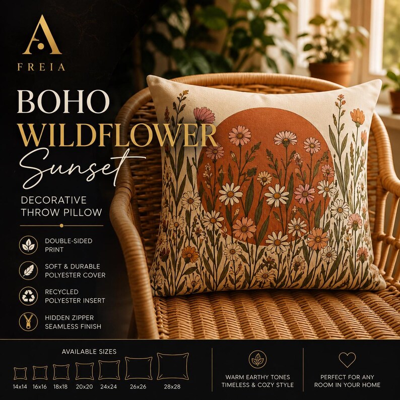 Boho Wildflower Sunset Pillow | Decorative Square Throw Pillow image 1