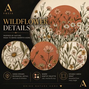 May include: A promotional graphic for Freia Wildflower Details featuring a large circular illustration of wildflowers against a terracotta sun. Three smaller circular insets display floral fabric patterns in white, terracotta, and cream tones.
