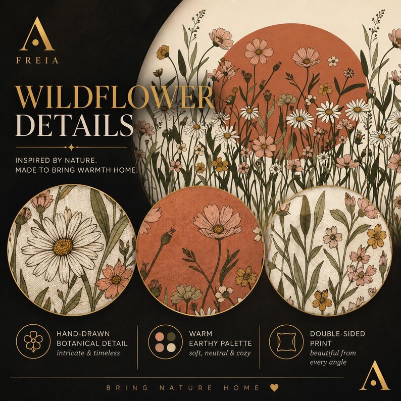 May include: A promotional graphic for Freia Wildflower Details featuring a large circular illustration of wildflowers against a terracotta sun. Three smaller circular insets display floral fabric patterns in white, terracotta, and cream tones.