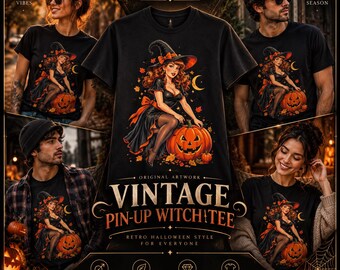 Vintage Pinup Witch with Jack-o'-Lantern T-Shirt | Halloween Pinup Tee