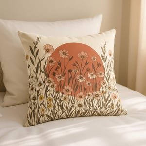 Boho Wildflower Sunset Pillow | Decorative Square Throw Pillow image 6