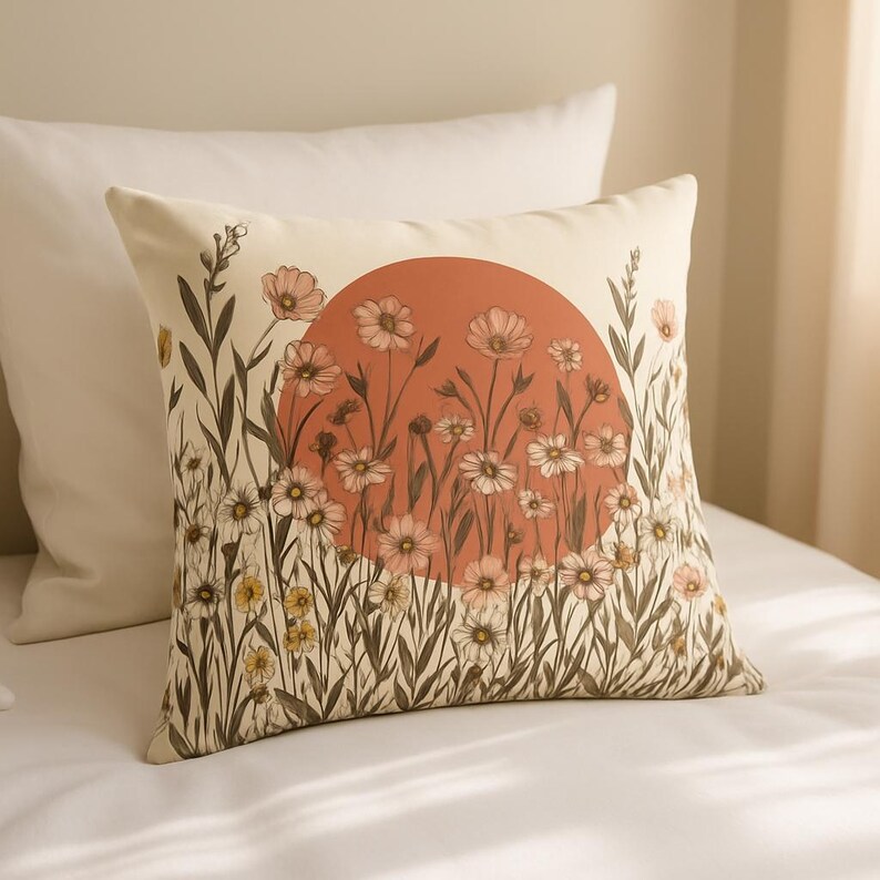 Boho Wildflower Sunset Pillow | Decorative Square Throw Pillow image 6