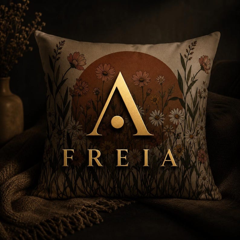 May include: A square throw pillow featuring a beige fabric base with a printed pattern of wildflowers and a large terracotta-colored circle. Centered on the pillow is a gold-colored letter A logo above the text FREIA in gold lettering.