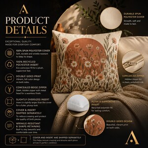 May include: A square throw pillow featuring a printed design of wildflowers against a large terracotta-colored circle. The pillow has a spun polyester cover, a concealed beige zipper, and a plush recycled polyester insert for a full shape.