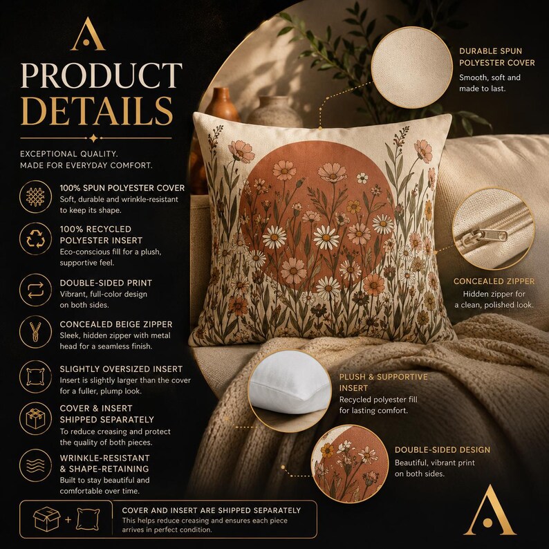 May include: A square throw pillow featuring a printed design of wildflowers against a large terracotta-colored circle. The pillow has a spun polyester cover, a concealed beige zipper, and a plush recycled polyester insert for a full shape.
