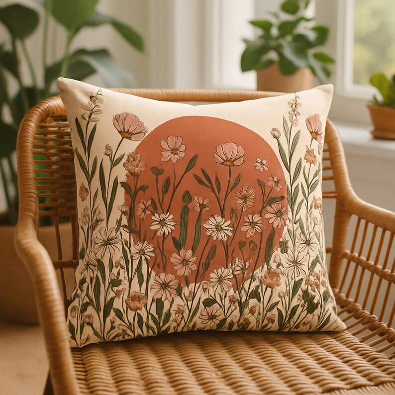Boho Wildflower Sunset Pillow | Decorative Square Throw Pillow image 8