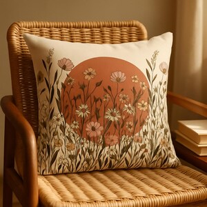 Boho Wildflower Sunset Pillow | Decorative Square Throw Pillow image 2