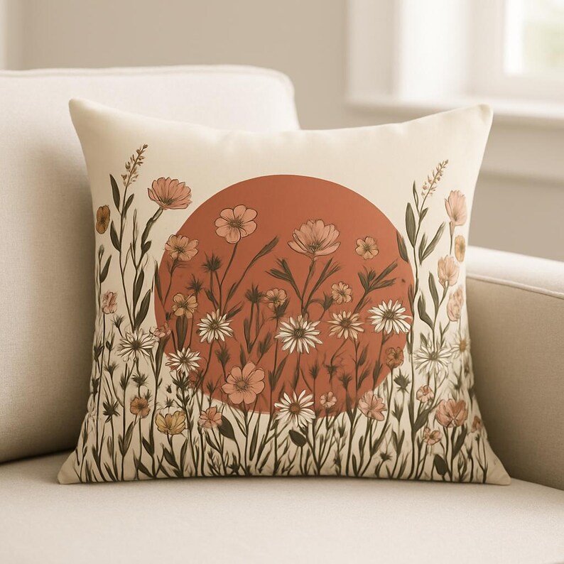 Boho Wildflower Sunset Pillow | Decorative Square Throw Pillow image 4