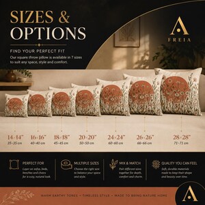May include: A series of seven square throw pillows arranged in increasing size order, each featuring a printed design of a large terracotta-colored sun rising over a field of white and brown wildflowers. Text includes sizes from 14x14 to 28x28 inches.