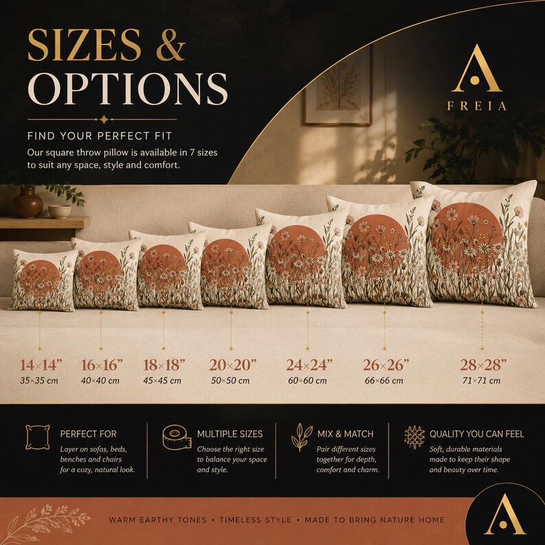 May include: A series of seven square throw pillows arranged in increasing size order, each featuring a printed design of a large terracotta-colored sun rising over a field of white and brown wildflowers. Text includes sizes from 14x14 to 28x28 inches.