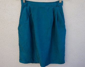 80s 90s Teal Silk Skirt, Knee Length Skirt, High Waist Skirt, High Waisted Skirt, Teal Skirt, 90s Clothing, Green Conservative