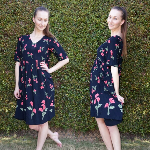 90's Black, Floral Tshirt Dress // Short Dress with Red ad Green Flower Cherries // Loose Dress // Boho Dress Bohemian Dress // Festival