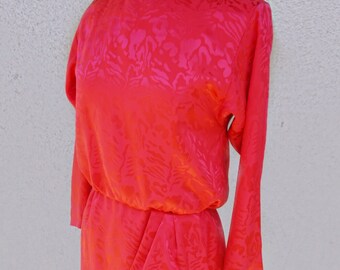 70's 80's Bright Red Dress, Conservative Dress, Long Sleeve Dress, Mid Length Dress, Colorful Dress