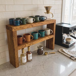 Solid Oak Two Tier Kitchen Shelf | Narrow Countertop Organizer | Rustic Storage