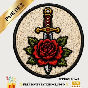 Gothic Rose Sword Embroidered Patch Set of 2, Floral Dagger Iron On Patch, Traditional Tattoo Sew On Badge for Jacket, Vest, 3 Inch