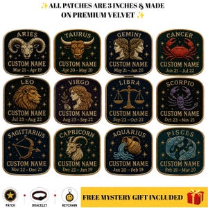 Op de afbeelding: Een verzameling van twaalf vierkante fluwelen patches met goudkleurige sterrenbeelden, sterrenstelsels en tekst. Elke patch meet 7,62 cm en toont een specifiek sterrenbeeld, de tekst CUSTOM NAME en de bijbehorende kalenderdata.