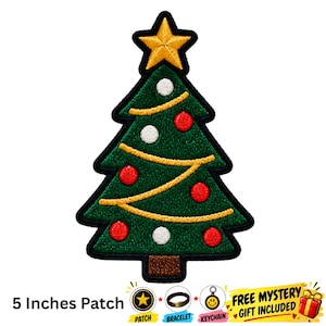 May include: An embroidered 12.7 cm patch shaped like a Christmas tree with a yellow star on top, decorated with red and white circular ornaments and yellow garland. The patch has a black border and a brown trunk base on a white background.
