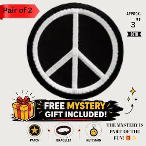 Retro Peace Sign Embroidered Patch Set, Black & White Iron On Sew On Badge, Vintage Hippie Emblem for Jacket Backpack Hat, Pair of 2, 3 Inch