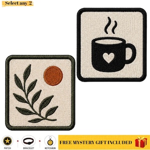 May include: Two square embroidered patches with black borders. One patch features a dark green leafy branch and an orange circle on a cream background. The other patch displays a black coffee mug with a white heart and steam on a cream background.