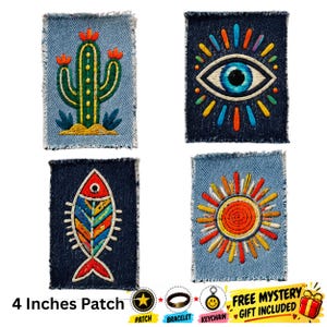 May include: Four rectangular denim patches with frayed edges featuring embroidered designs: a green cactus with orange flowers, a blue eye with colorful rays, a multi-colored fish, and a bright orange sun. Text reads 4 Inches Patch.