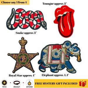 Puede incluir: Cuatro parches bordados: una serpiente roja, blanca y negra de aprox. 7,6 cm, una lengua roja y blanca de aprox. 7,6 cm, una estrella real dorada y morada de aprox. 10,2 cm y un elefante azul, rojo y dorado de aprox. 11,2 cm.