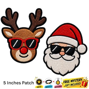 May include: Two embroidered patches featuring a reindeer with brown fur, red sunglasses, and a red nose, and a Santa Claus with a white beard, red hat, and black sunglasses. Text at the bottom reads 5 Inches Patch and Free Mystery Gift Included.