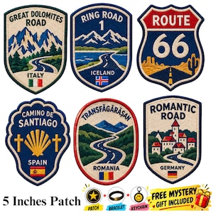 European Road Trip Embroidered Patch, Scenic Travel Route Design, Durable Fabric Patch for Jackets, Backpacks & Bags, Select 1 from 6.