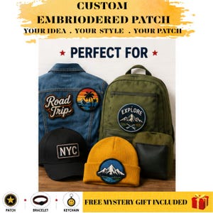 May include: A blue denim jacket, an olive green backpack, a black baseball cap, and a yellow beanie, each featuring embroidered patches. The patches display designs including the text Road Trip, a sunset palm tree, a mountain, and NYC.