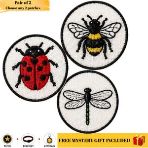 Puede incluir: Tres parches bordados circulares con diseños de insectos sobre un fondo blanco con bordes negros. Un parche muestra una mariquita roja con puntos negros, otro un abejorro amarillo y negro, y otro una libélula verde y negra.