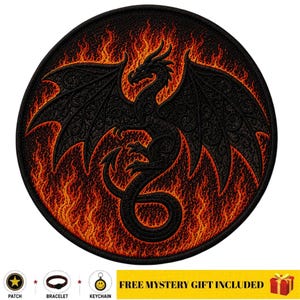 Dragon Embroidery Patch, Fiery Flame Design, Denim Fabric, Jacket Backpack, Clothing Use, size 5 inches.