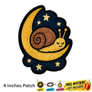 May include: An embroidered patch measuring 4 inches, featuring a brown snail resting on a yellow crescent moon against a dark blue background with yellow stars. The design includes a black border and a text label stating 4 Inches Patch.