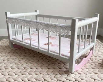 Berço de boneca de madeira feito à mão, cama de boneca pintada à mão, móveis de madeira para bonecas, brinquedo para quarto de bebê, presente para meninas, decoração para casa de bonecas
