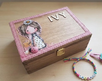 Caixa de lembranças de madeira personalizada para bebê - Caixa de recordações com nome personalizado para o quarto do bebê - Presente de primeiro aniversário - Porta-joias para menina