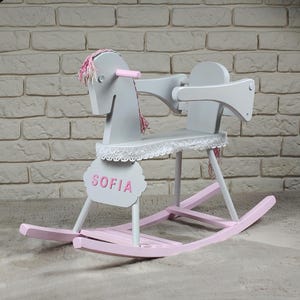 Personalized Wooden Rocking Horse - Custom Name Baby Shower Gift - Gray & Pink Toddler Ride-On Toy