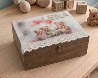 Caixa de lembranças de madeira personalizada para bebê - Caixa de recordações com nome personalizado para o quarto do bebê - Presente de primeiro aniversário - Porta-joias para menina