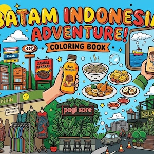 以下が含まれることがあります： BATAM INDONESIA ADVENTURE!というタイトルのカラフルな塗り絵の表紙。地元の食べ物、コーヒーボトル、バティック柄のシャツが並ぶ衣類ラック、街の建物、道路標識、道路を走る小さな車の漫画風イラストが描かれています。