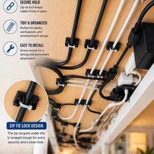 Pode incluir: Clipes de cabo pretos com braçadeiras brancas montados em uma superfície de madeira clara. O texto diz CABLE CLIPS FOR A CLEAN & ORGANIZED SPACE, SECURE HOLD, TIDY & ORGANIZED, EASY TO INSTALL e ZIP TIE LOCK DESIGN. Os clipes prendem cabos.