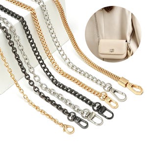 May include: A collection of metal handbag replacement chains in gold, silver, and black finishes. Each chain features interlocking links and a lobster claw clasp at the end. A circular inset shows a beige handbag with a silver chain strap attached.
