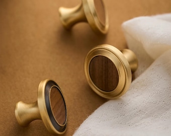 Walnut Solid Brass Cabinet Knob Vintage Wood & Antique Drawer Pull for Cupboards, Dresser