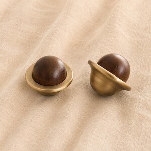 Walnut Solid Brass Dome Cabinet Knob Wood Drawer Knob, Round Furniture Pull Planet Shape