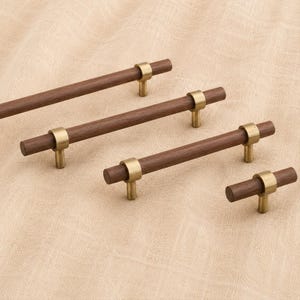 Elegant Walnut Wood Drawer Pull with Solid Brass, Cabinet Handles T bar 96 128 160 224 mm