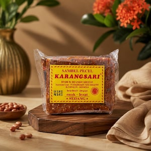 Puede incluir: Un bloque rectangular de pasta de salsa de cacahuete marrón en un envoltorio de plástico transparente con una etiqueta amarilla que dice SAMBEL PECEL KARANGSARI, BPOM RI MD 256413003131, PT KARANGSARI FOOD INDUSTRY BLITAR 66125 INDONESIA, 200 gram, enak lezat SEDANG.