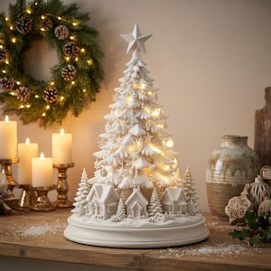 May include: A white ceramic tabletop Christmas tree sculpture featuring a star topper, integrated warm LED lights, and a base decorated with miniature houses and pine trees. The tree is textured with snowflake and star ornaments throughout.