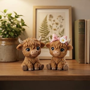 May include: Two small, brown, furry highland cow figurines sitting side by side. The cow on the right features a pink polka-dot bow with a white daisy flower attached to its head. Both figures have large dark eyes, small horns, and hooves.
