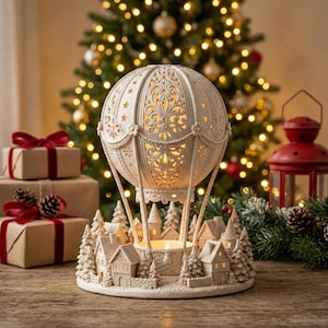 May include: A cream-colored ceramic hot air balloon sculpture featuring intricate cut-out floral and star patterns. The balloon is suspended above a miniature village scene with small houses and pine trees, illuminated by a central light source.