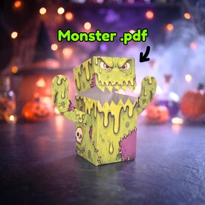 Lätt att göra monsterlåda av papper för barn, barns gör-det-själv 3D Halloween-festvarelse PDF, söt familjeaktivitet, digital nedladdning brev A4