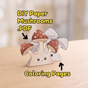 Barnens gör-det-själv 3D-papperspyssel med svampmodell i PDF-format, färgade svartvita målarbilder, söt familjeaktivitet med barn, digital nedladdning