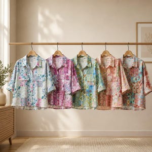 Könnte beinhalten: Fünf Hemden mit Knopfleiste, Dreiviertelärmeln und zwei Brusttaschen, die jeweils ein unterschiedliches Patchwork-Blumenmuster in verschiedenen Farbpaletten aufweisen, darunter blaue, rosa, grüne, orangefarbene und bunte Blumenmuster.